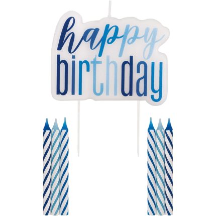 Κερί Happy Birthday & 12 κεράκια σε Μπλε Τιρκουάζ & Σιέλ